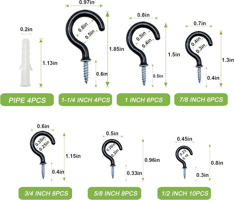 ECKJ Small Black Screw-in Hooks Assorted Kit with Plugs, 1/2", 5/8", 3/4", 7/8", 1", 1-1/4" Vinyl Coated Cup Hooks for Hanging Home Decorations, Christmas Lights, Wind Chimes, Crafts - 46 Pcs - Image 2